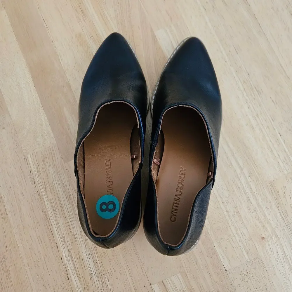 CYNTHIA ROWLEY Eddie Black Vegan Leather Pointed Toe Heeled Loafers Sz 8 EUC